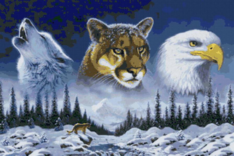 Альфа природы - звери, волк, львица, животные, природа, коллаж, птица - предпросмотр