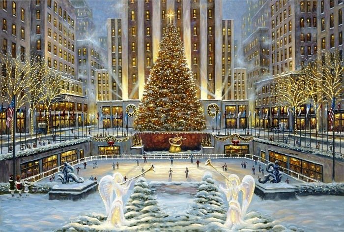 Праздничная площадь - огни, снег, зима, праздник, рождество, новый год, елка - оригинал