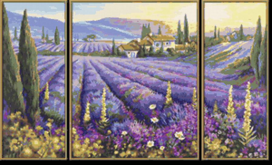 Триптих Пейзаж - картина, цветы, поле цветов, лаванда - предпросмотр