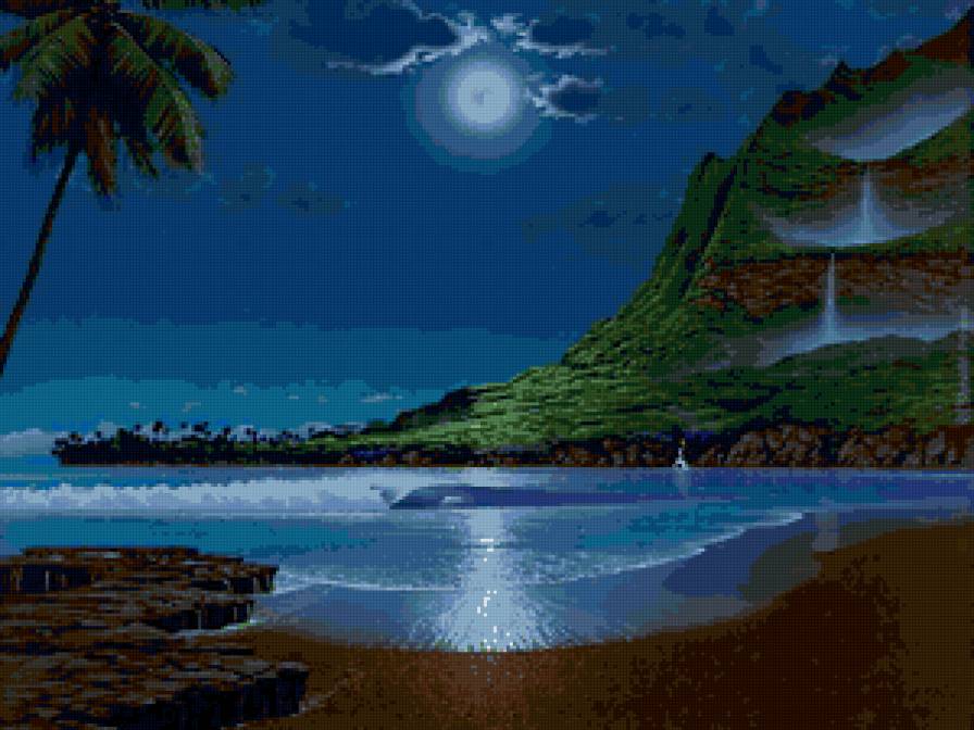 Ночной пейзаж - ночь, пляж, море, берег, пейзаж, луна - предпросмотр