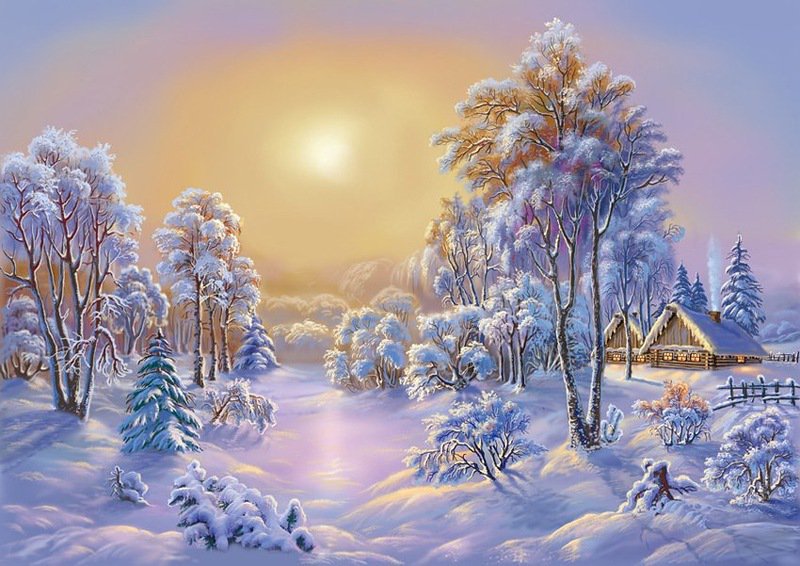 зима - пейзаж, снег, рассвет, зима - оригинал