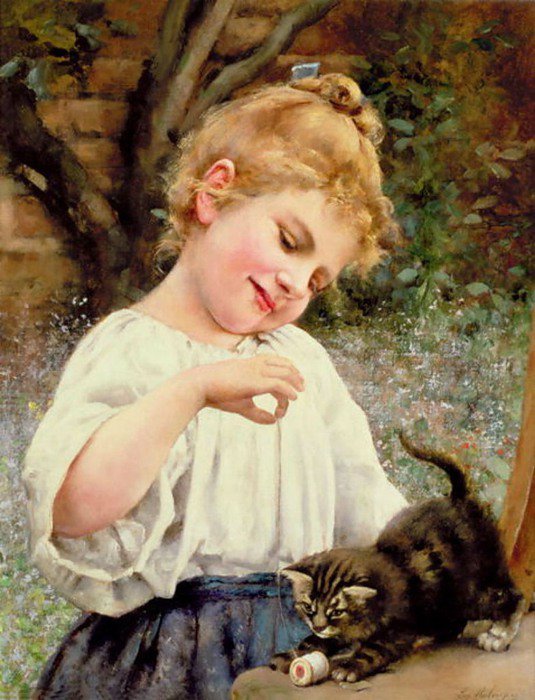 Девочка и котенок - животные, коты, живопись, девочка - оригинал