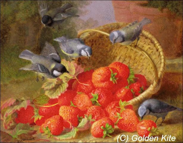 Птицы и клубника - корзина, живопись, ягоды, птицы - оригинал