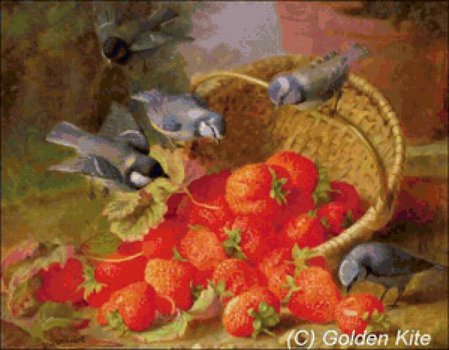 Птицы и клубника - корзина, птицы, живопись, ягоды - предпросмотр
