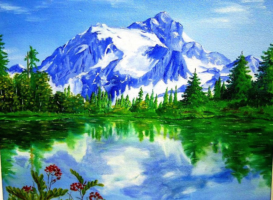 Озеро в Альпах - озеро, живопись, природа, красота, горы, лес, снег, пейзаж - оригинал