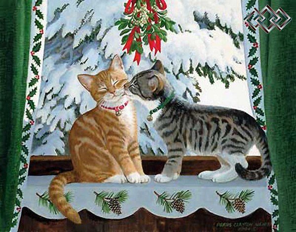Рождественские кошки - рождество, котята, кошки, животные, природа, шишки, окно, зима - оригинал