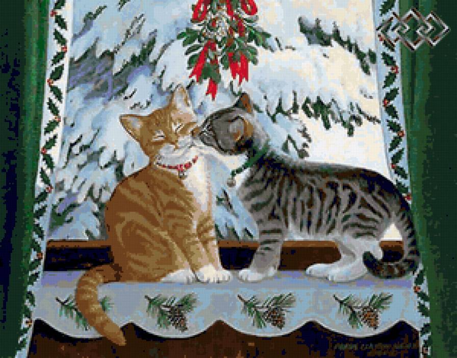 Рождественские кошки - кошки, животные, рождество, шишки, природа, окно, котята, зима - предпросмотр