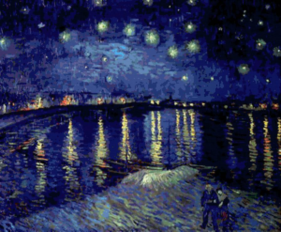 Ван Гог.Звездная ночь над Роной..jpg - звездное небо, пейзаж, ночь, природа, небо, люди., вода, домики - предпросмотр