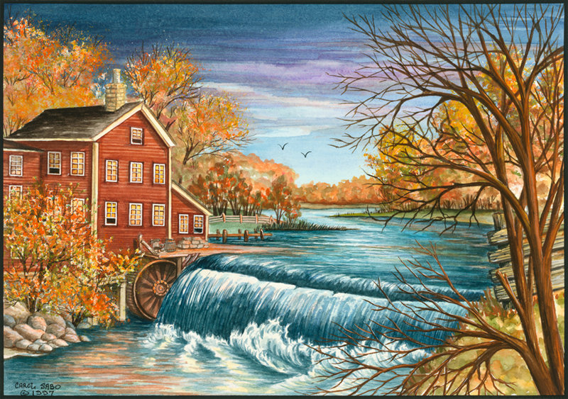 Осень - река, мельница, природа, красота, осень, пейзаж, птицы, деревья - оригинал