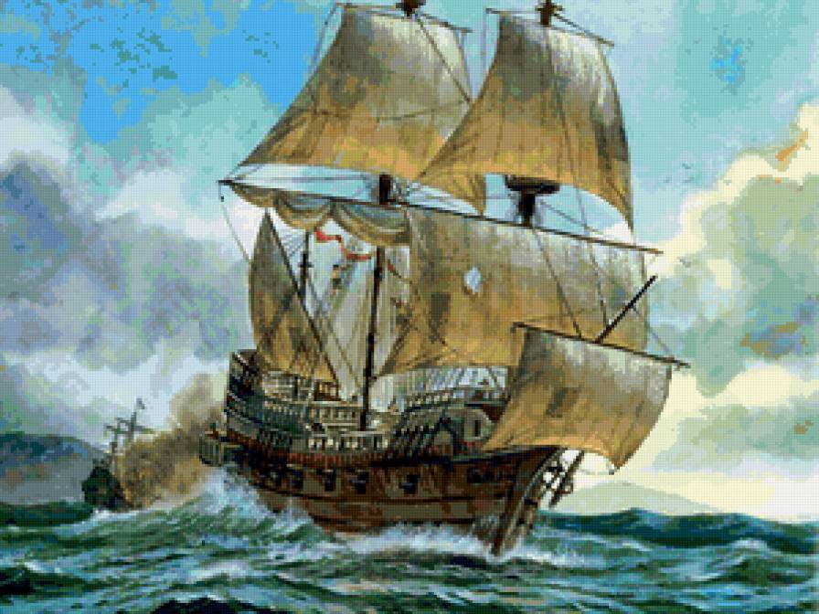 На всех парусах - картина, парусник, живопись, море, морская битва, корабль, парус - предпросмотр