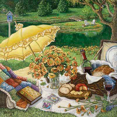Пикник - пейзаж, живопись, цветы, зонтик - оригинал