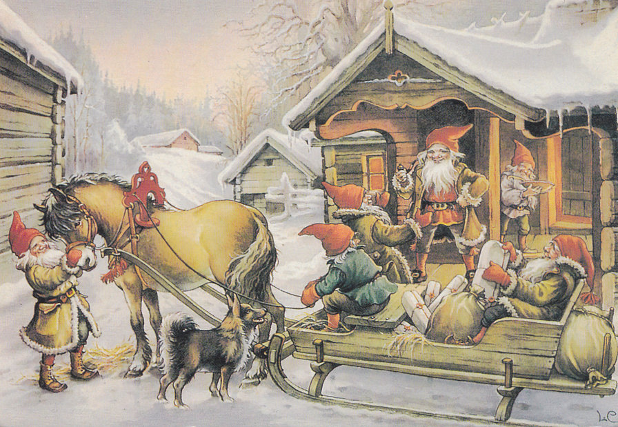 Новогодняя открытка - гномы - открытка, ретро, гномики, новый год, зима - оригинал