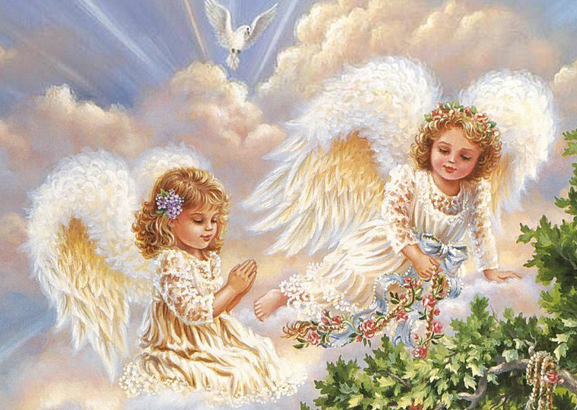 ангелы и голубь - религия, портрет, ангелочки, картина, живопись - оригинал