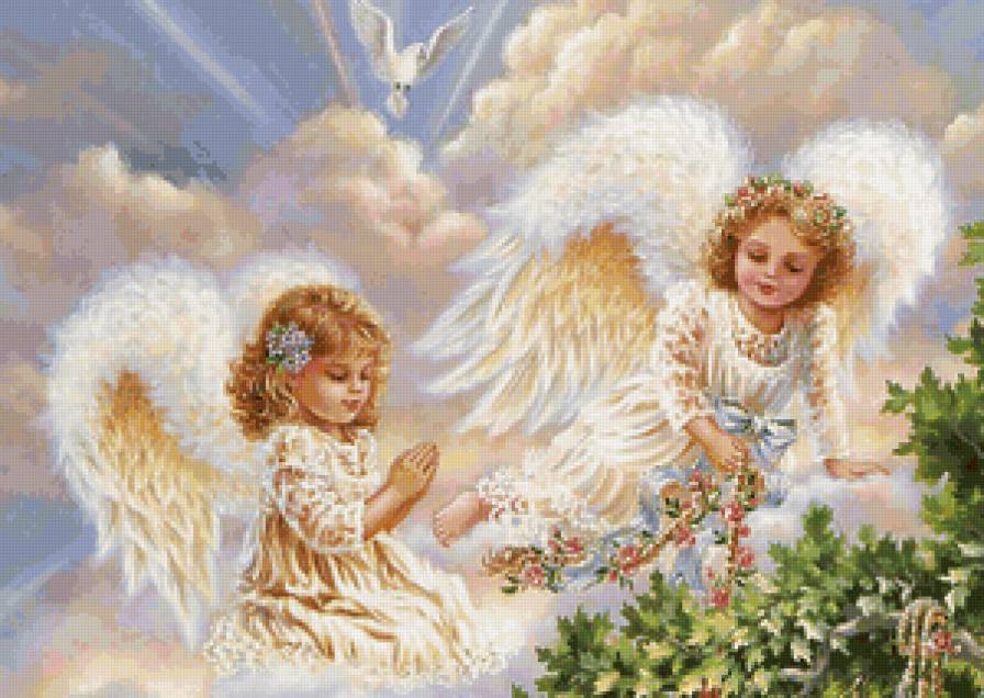 ангелы и голубь - картина, ангелочки, портрет, живопись, религия - предпросмотр