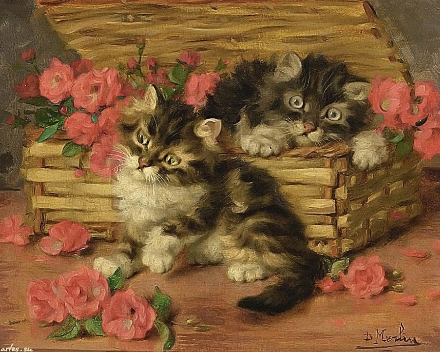 Котята в корзинке с розочками - картина, животные, котята - оригинал