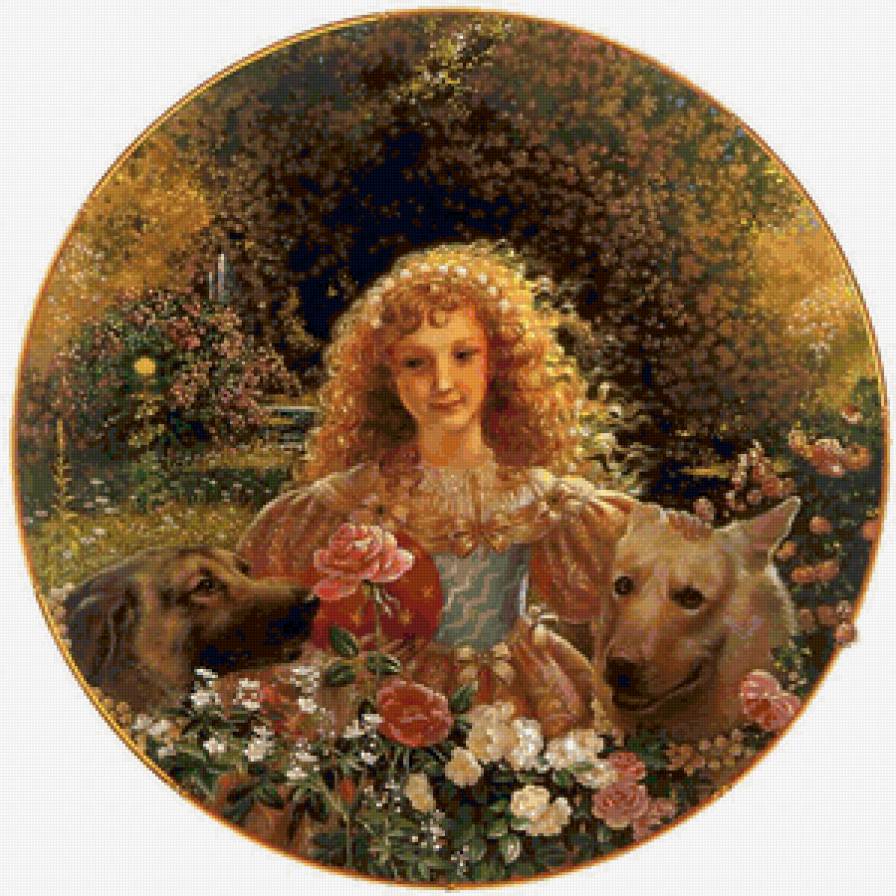 девочка в саду - розы, собака, кинуко крафт, девочка - предпросмотр