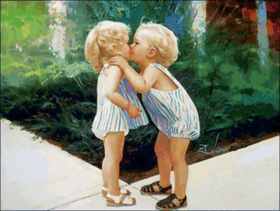 первый поцелуй - малыш, дети, поцелуй, лето, картина - предпросмотр