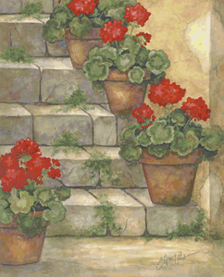 Герань на лестнице - декор, цветы, живопись - предпросмотр