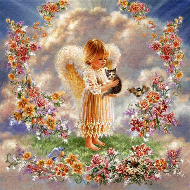 Ангелочек с котенком - ангел, цветы, котенок, живопись, девочка - оригинал
