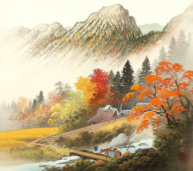 Серия "Пейзажи" - домик, осень, горы, люди, пейзаж - оригинал