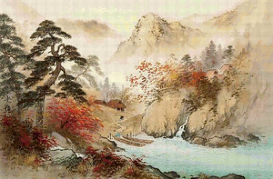 Серия "Пейзажи" - пейзаж, река, осень, горы, люди, домик - предпросмотр