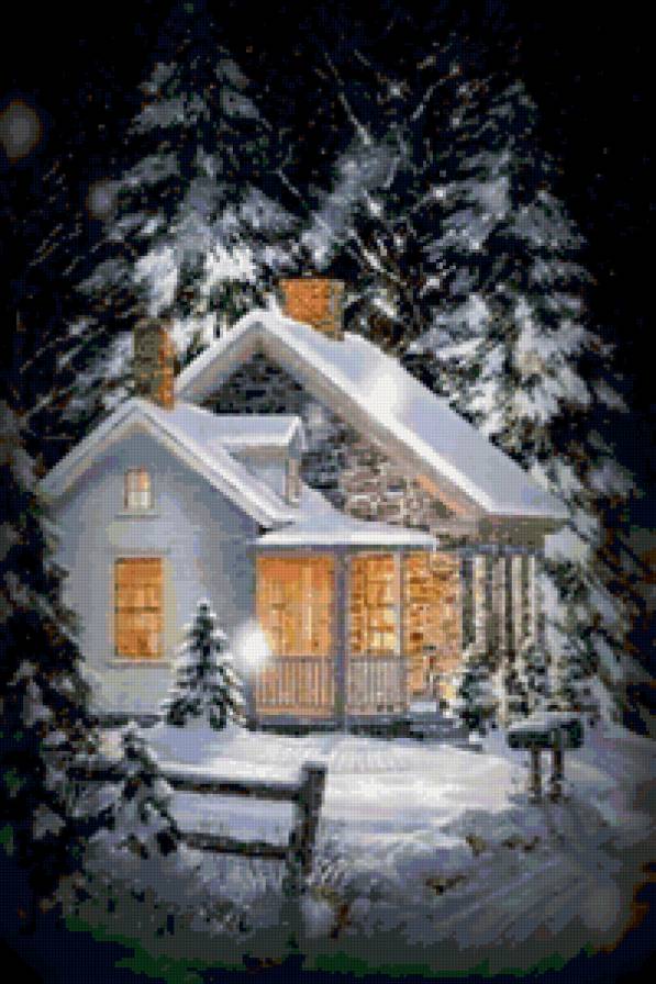 Зимний домик - елка, зима, ночь, лес, дом - предпросмотр