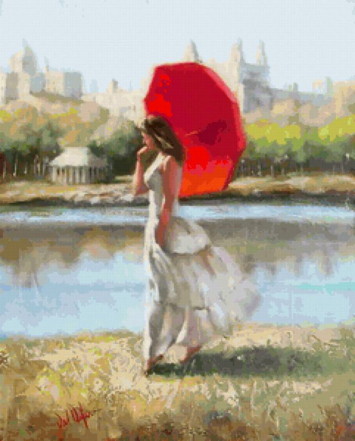 Под алым зонтом - пейзаж, лето, девушка, река, зонт - предпросмотр