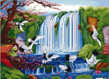 Журавли у водопада - журавль, восток, пейзаж, птицы, водопад, сакура - оригинал