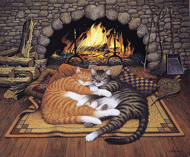 коты у камина (с орегинала картины Ч.Высоцкого) - коты. любовь..., очаг, уют - оригинал