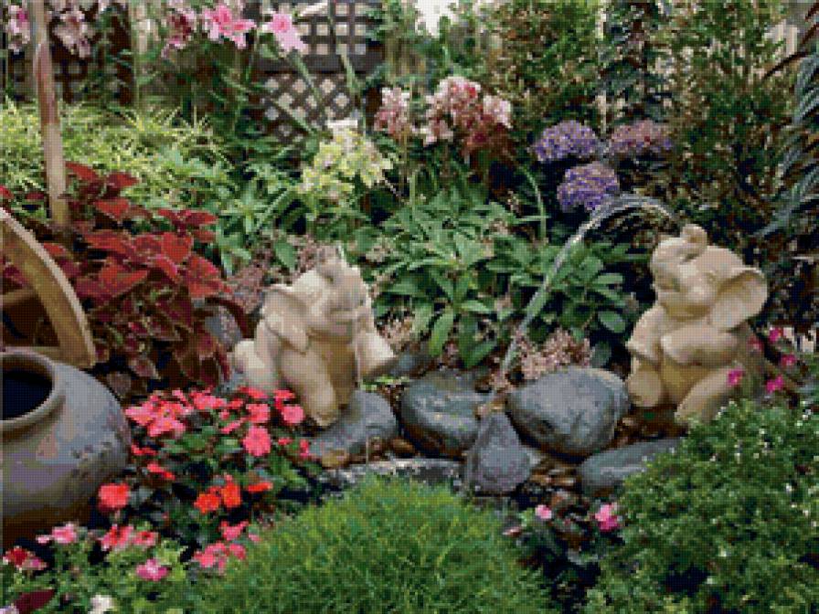 Восточный сад со слониками - восток, цветущий сад - предпросмотр