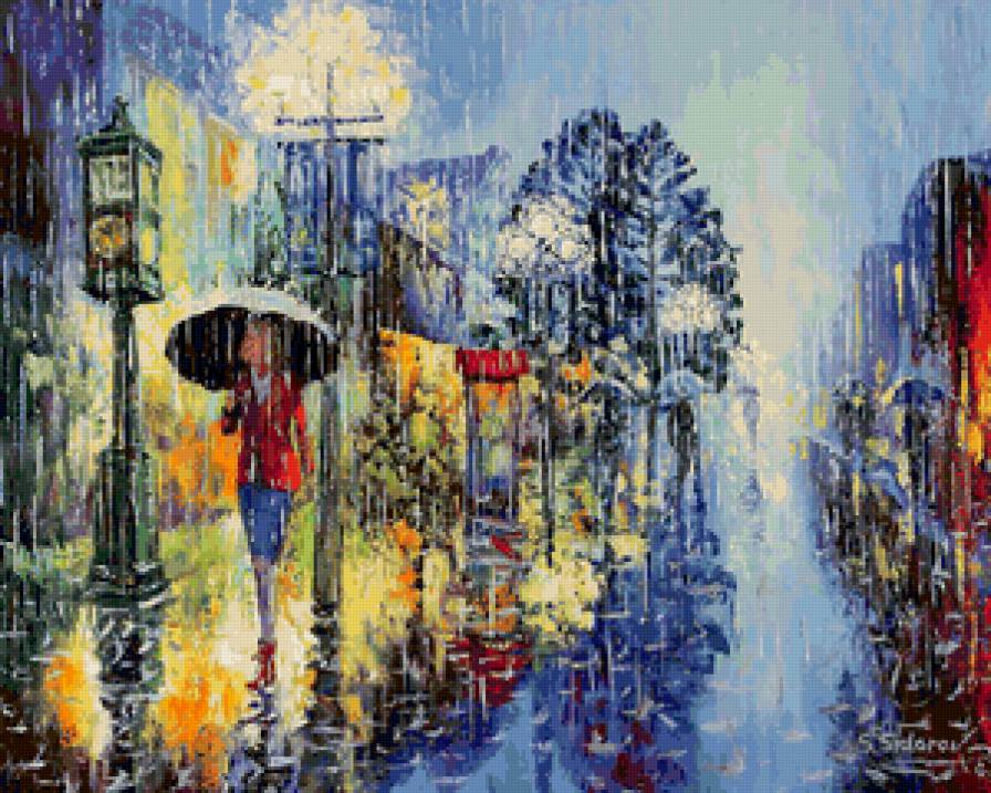 Дождливый город - город, дождь, люди, пейзаж, дорога, дом - предпросмотр