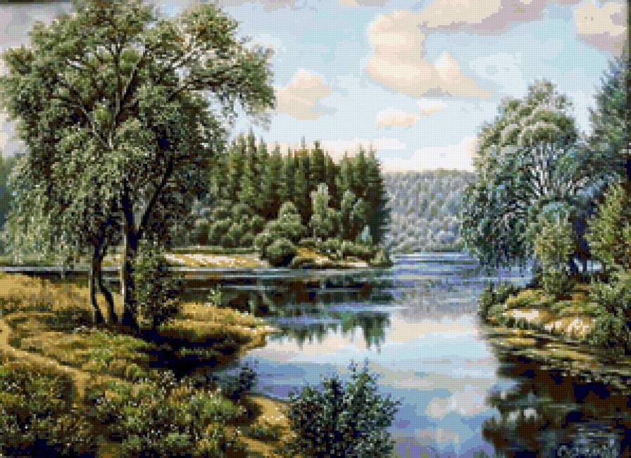 Родная природа - река, березки, деревьяр, живопись, природа, озеро, лес, пейзаж - предпросмотр