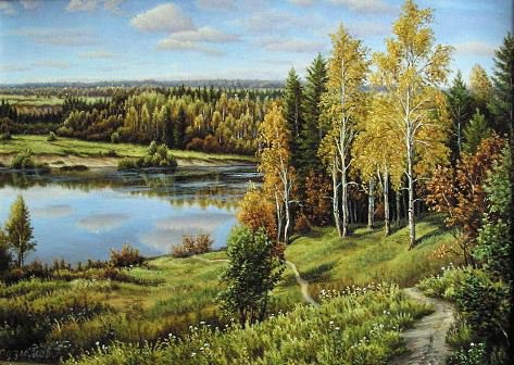 Ранняя осень - пейзаж, природа, березки, лес, река, осень, деревья - оригинал