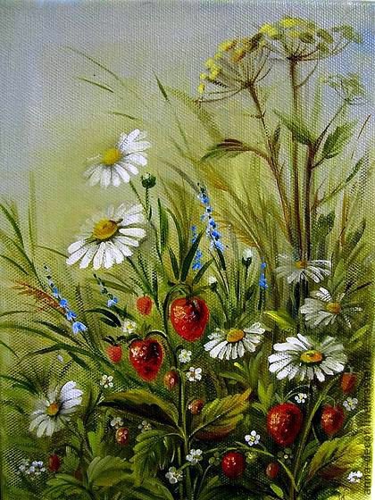 Земляника и ромашки - ромашка, ромашки, полевые цветы, цветы, ягодки, земляника, ягоды - оригинал