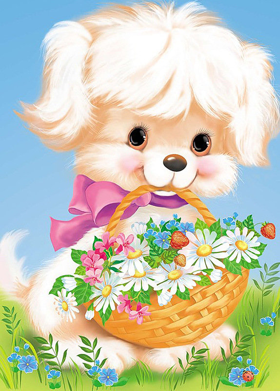 щенок с корзиной - корзина, цветы, щенок - оригинал