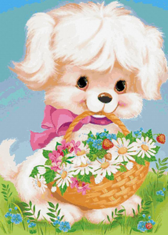 щенок с корзиной - корзина, щенок, цветы - предпросмотр