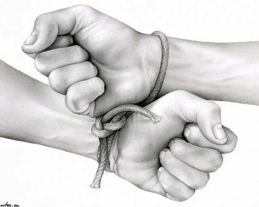 руки - черно-белая, веревки, наручники, руки - оригинал