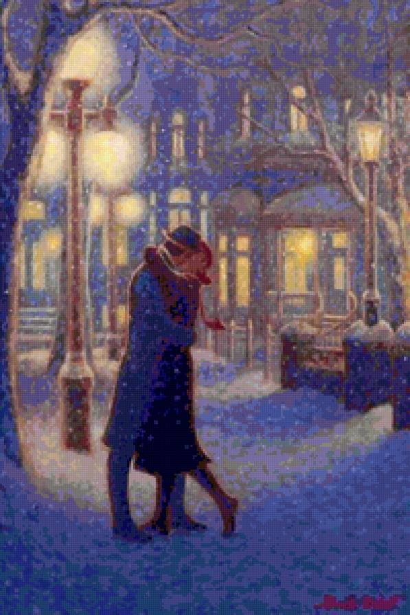 Поцелуй под снегом - люди, девушка, мужчина, зима, город, двое, пара - предпросмотр