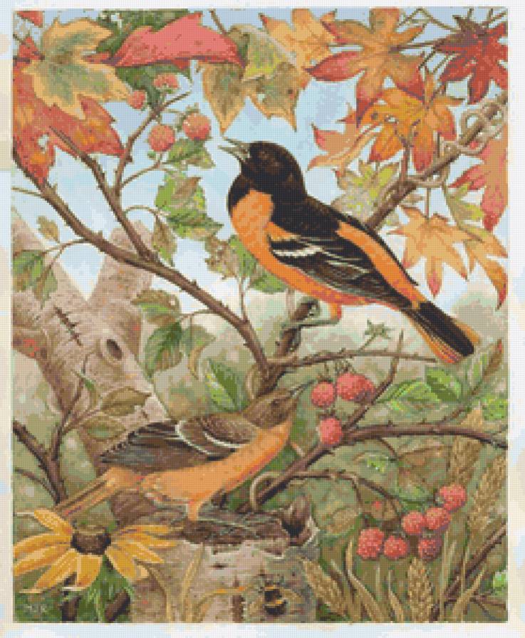 Серия "Птицы" - птицы, ягоды, малина, осень, пейзаж - предпросмотр