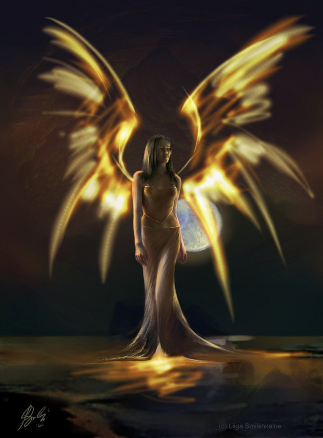 огненные крылья - ночь, крилья, девушка, луна - оригинал