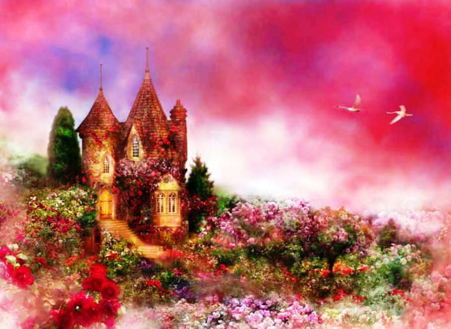 сказочный замок - особняк, фея, дом, замок, домик, лебеди - оригинал