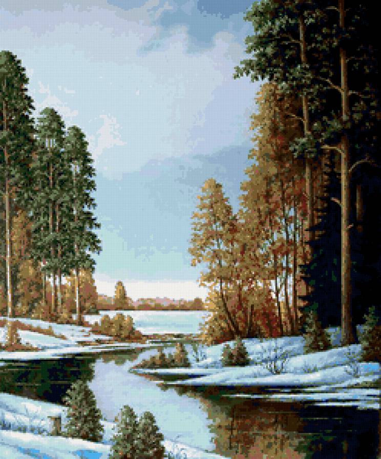 Ранний снег - пейзаж, деревья, снег, осень, река, зима - предпросмотр