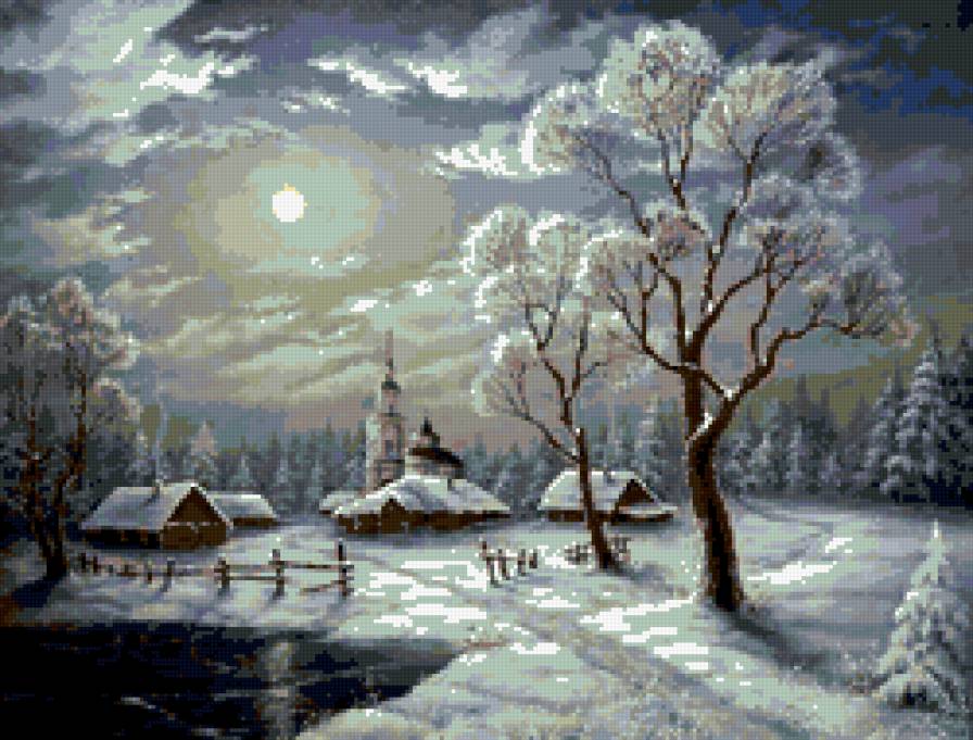 Зимняя ночь - ночь, зима, снег, река, церковь, деревья, луна, пейзаж - предпросмотр