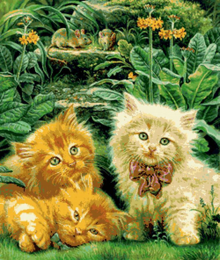 три кота и две мыши - коты, мышь, бант, животные, рыжий, листья, цветы, трава - предпросмотр