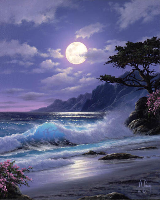 ночь - луна, волна, пейзаж, море, горы, ночь, берег, дерево - оригинал