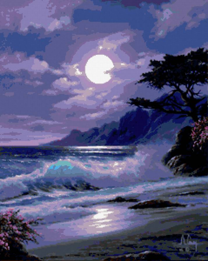 ночь - волна, ночь, луна, дерево, пейзаж, берег, море, горы - предпросмотр