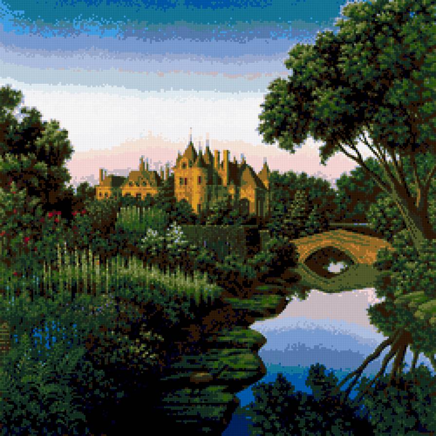 №170290 - картина, мост, река, природа, замок, пейзаж - предпросмотр
