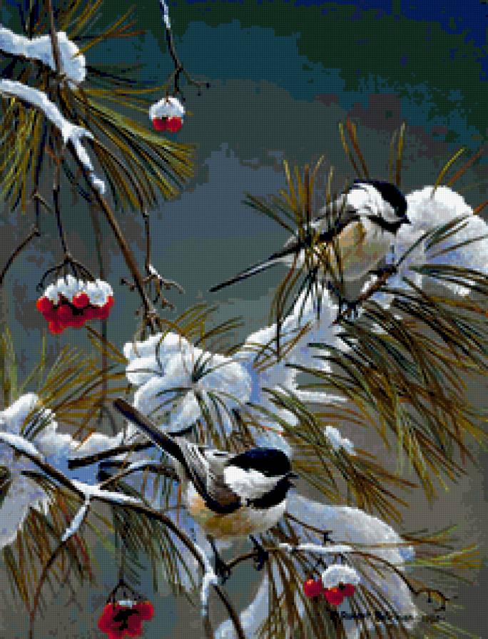 Серия "Птицы" - рябина, пейзаж, птицы, синицы, зима, ягоды - предпросмотр