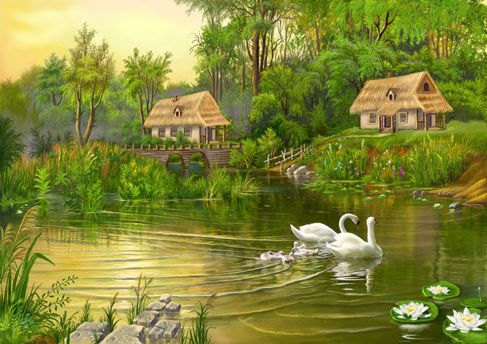 На озере - картина, домик, лес, природа, лебеди, озеро - оригинал