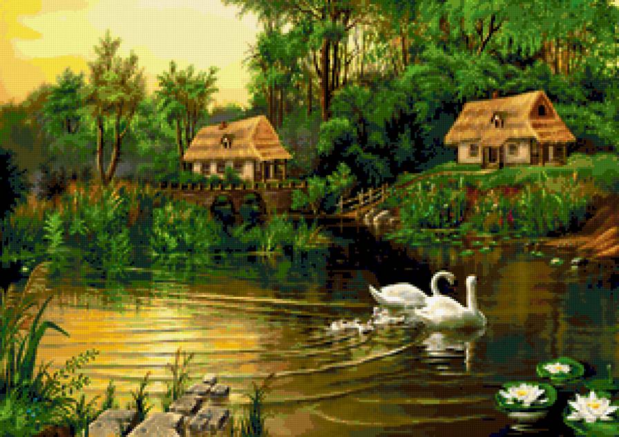 На озере - озеро, лебеди, домик, природа, картина, лес - предпросмотр